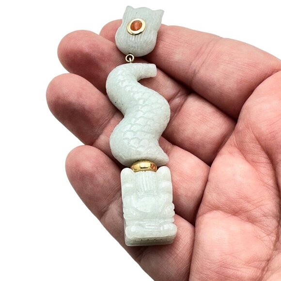 Estate Womens 14K Yellow Gold Red & Green Jade Articulated Asian Dragon Pendant - Picture 6 of 6